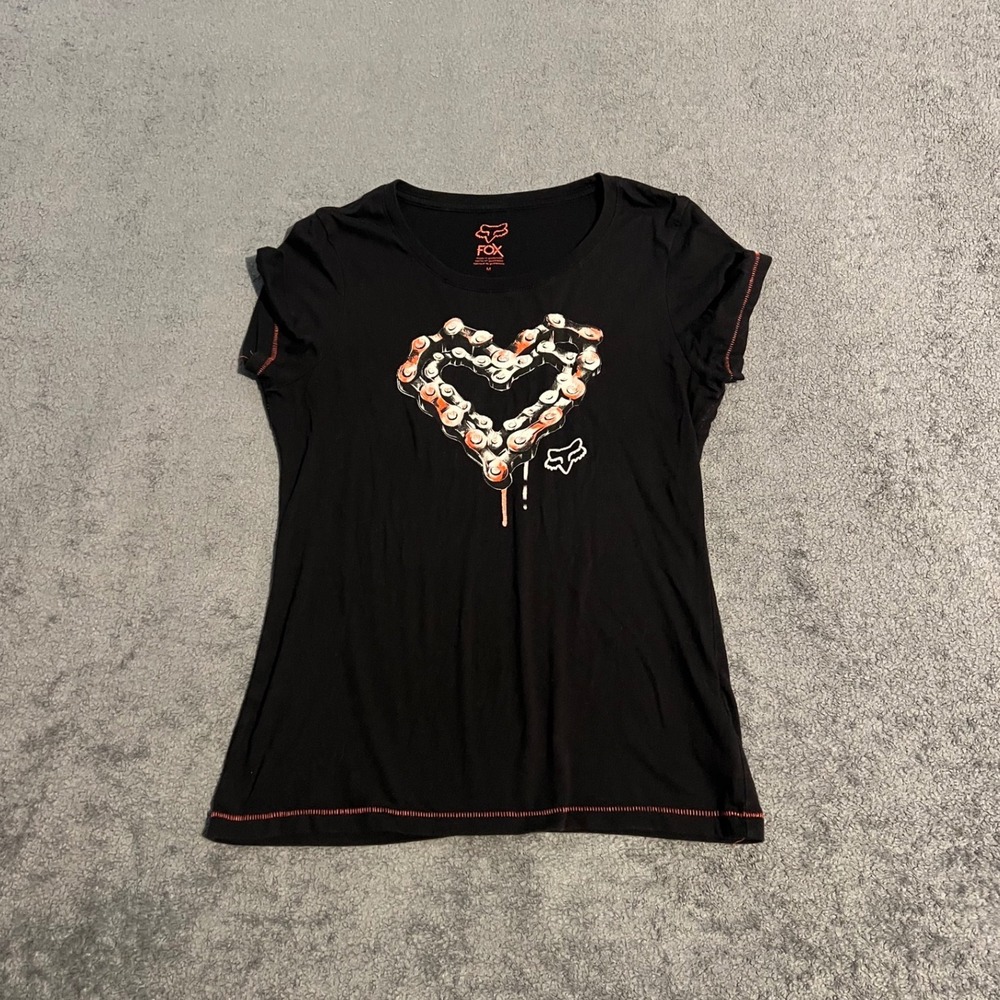 Y2K Fox Racing Womens Black Bike Chain Heart Graphic Shirt Size M Short Sleeve